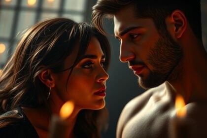 Két fiatal felnőtt közel áll egymáshoz, romantikus pillanat a gyertyafényben.