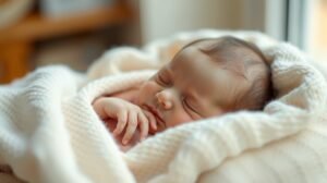 Bébi alszik meleg takaróban, nyugodt környezetben.