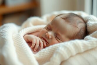 Bébi alszik meleg takaróban, nyugodt környezetben.