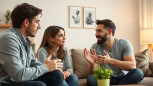 womensway 133 Három ember beszélget egy couch-on, érzelmi intelligencia fontosságáról