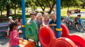 Gyerekek játszanak egy színes játszótéren, boldogan nevetnek.