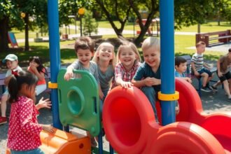 Gyerekek játszanak egy színes játszótéren, boldogan nevetnek.