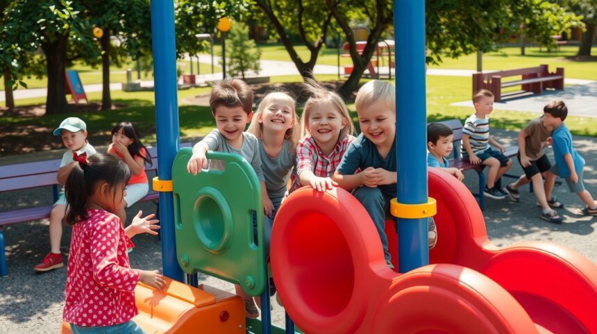 Gyerekbarát játszóterek és játszóházak bemutatása 1 Gyerekek játszanak egy színes játszótéren, boldogan nevetnek.