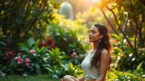Nő relaxál a természetben, meditáció közben, szép környezetben