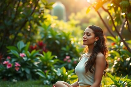 Nő relaxál a természetben, meditáció közben, szép környezetben