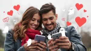 Fiatal pár telefonozik, modern kapcsolati jelenségekkel a digitális randizásban.