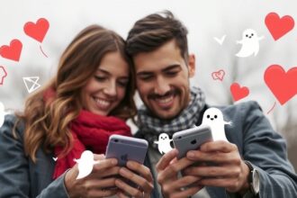 Fiatal pár telefonozik, modern kapcsolati jelenségekkel a digitális randizásban.