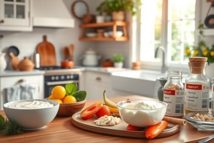 Probiotikumok és friss gyümölcsök egy konyhában