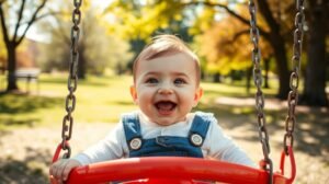 womensway 144 Baba boldogan hintázik a játszótéren, szülői felügyelettel.