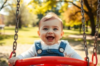 Baba boldogan hintázik a játszótéren, szülői felügyelettel.