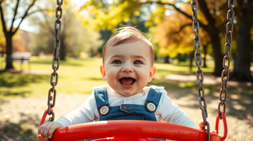 Baba boldogan hintázik a játszótéren, szülői felügyelettel.