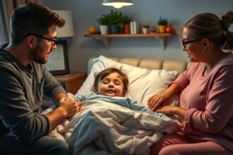 Szülők vigyáznak beteg gyermekükre a hálószobában.