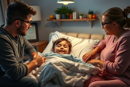 Szülők vigyáznak beteg gyermekükre a hálószobában.