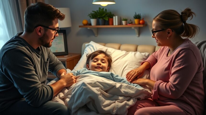 Szülői teendők betegség esetén: mikor érdemes orvoshoz fordulni? 1 Szülők vigyáznak beteg gyermekükre a hálószobában.