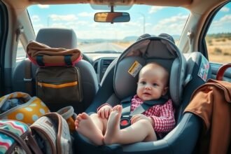 Baba az autóban, készen áll az első utazásra.