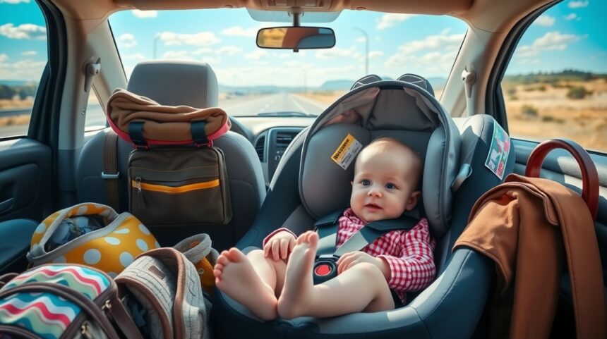 Baba az autóban, készen áll az első utazásra.