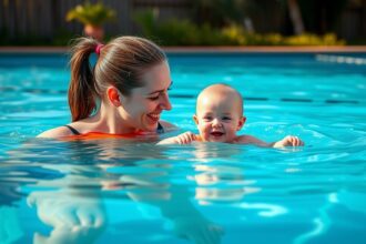 Anya és baba élvezi a babaúszást a medencében.