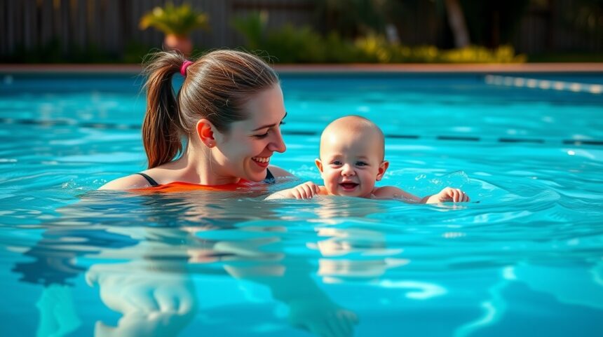 Anya és baba élvezi a babaúszást a medencében.