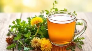 Gyermekláncfű tea és friss fűszernövények egy asztalon