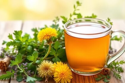 Gyermekláncfű tea és friss fűszernövények egy asztalon