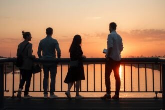 Négy ember áll a vízparton naplementében, érzelmes pillanatokkal.