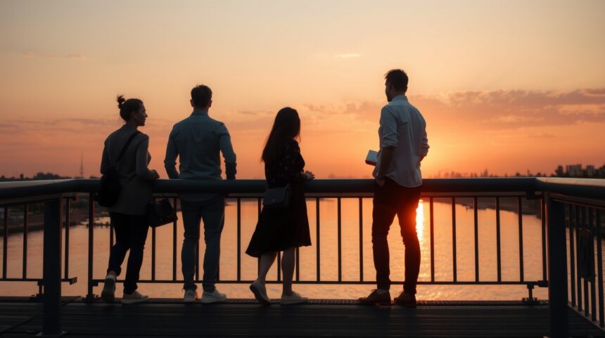 Hogyan szakíts úgy, hogy ne zárj be minden ajtót? 1 Négy ember áll a vízparton naplementében, érzelmes pillanatokkal.
