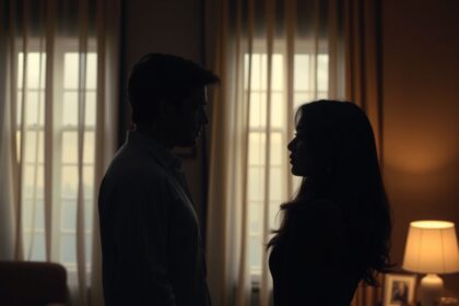 Egy pár sziluettje egy szobában, érzelmi távolság jele.