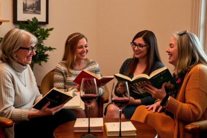 Négy nő egy borkóstoló estét élvez, könyveket olvasnak és beszélgetnek.