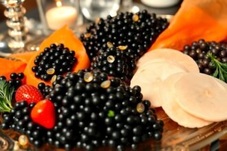 Fekete kaviár és friss zöldségek egy elegáns tálon