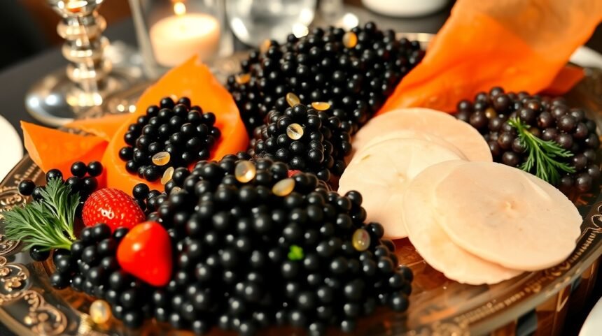 Fekete kaviár és friss zöldségek egy elegáns tálon