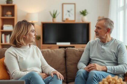 Párbeszéd egy pár között, akik exekről és kapcsolati problémákról beszélnek.