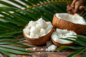 Kókuszvirág cukor a kókuszdiókban, zöld pálmalevelek között