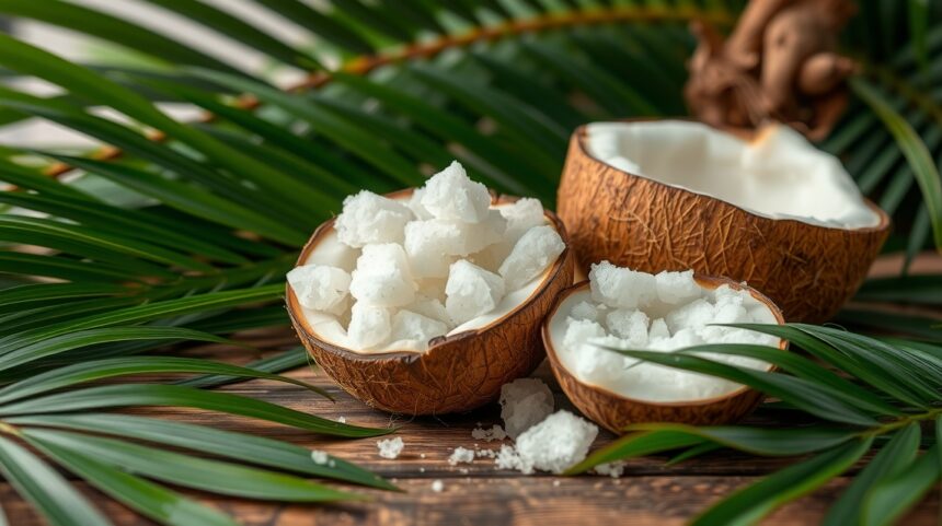 Kókuszvirág cukor a kókuszdiókban, zöld pálmalevelek között