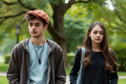 Fiatal pár séta közben, érzelmekkel teli arccal egy parkban.