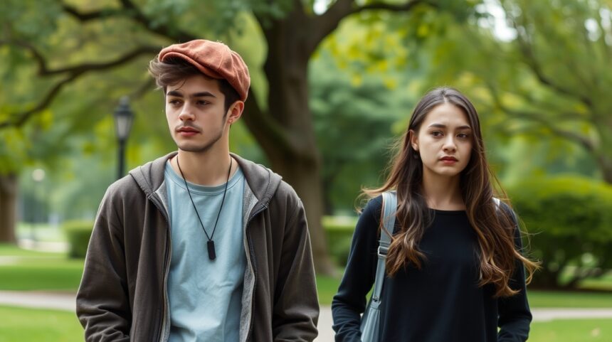 Miért vonzódsz a nem megfelelő partnerekhez? 1 Fiatal pár séta közben, érzelmekkel teli arccal egy parkban.