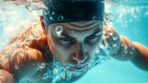 womensway 129 Sportoló úszás közben, víz alatt légző buborékokkal.