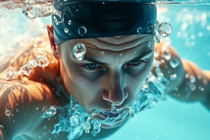 Sportoló úszás közben, víz alatt légző buborékokkal.