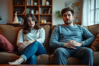 Egy pár a kanapén ülve, feszülten beszélgetve a kapcsolati problémáikról.