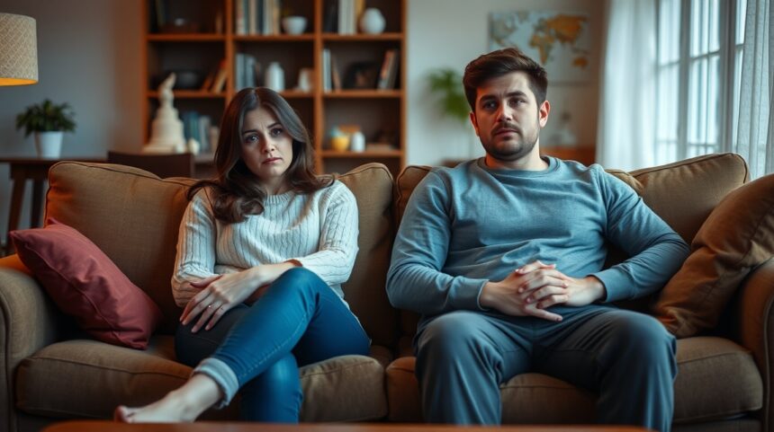 A perfekcionizmus párkapcsolatokra gyakorolt hatása 1 Egy pár a kanapén ülve, feszülten beszélgetve a kapcsolati problémáikról.