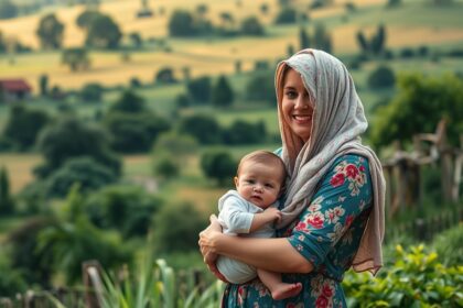 Anyuka babával a vidéki tájban, gyönyörű zöldellő háttérrel