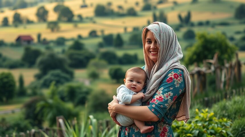 Baba mellett vidéken: élmények és javaslatok 1 Anyuka babával a vidéki tájban, gyönyörű zöldellő háttérrel