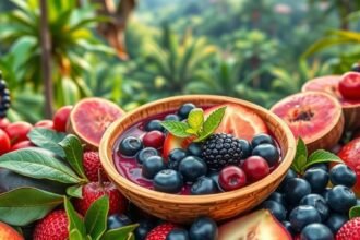 Friss acai bogyók és más gyümölcsök egy tálban