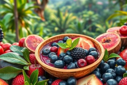 Friss acai bogyók és más gyümölcsök egy tálban