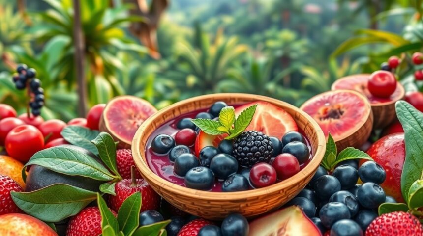 Az acai bogyó antioxidánsainak 9 lenyűgöző előnyei 1 Friss acai bogyók és más gyümölcsök egy tálban