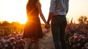 Romantikus pár, akik naplementében kézen fogva sétálnak virágok között.