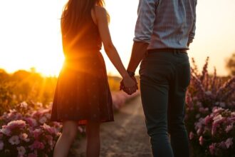 Romantikus pár, akik naplementében kézen fogva sétálnak virágok között.