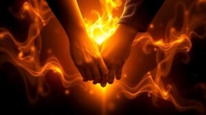 Két kéz egymásba fonódva, pszichés összhangot szimbolizálva.