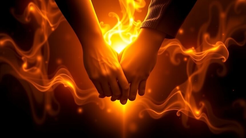 8 jel, hogy a kapcsolatod elérte a ritka pszichés összhang szintjét 1 Két kéz egymásba fonódva, pszichés összhangot szimbolizálva.