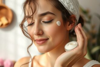 Nő bőrápoló krémet alkalmaz a bőrére, szépségápolási rutinban.