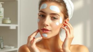 Nő bőrápolási rutin közben, arcbőrére krémeket visz fel.